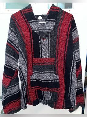Artesanias F.R. Inc. 100% Acrylic Red & Black Baja Hoodie Made in Mexico Size XL